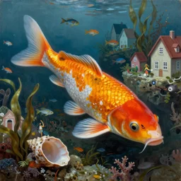 close - up koi fish, background is underwater city with fish citizens inside!! the seashell, seaweed, corals, small scandinavian!!! houses, little people!!!, by jacek yerka by levitan, surrealistic painting, masterpiece, oil painting, sharp focus, highly detailed, intricate, smooth, 8 k,