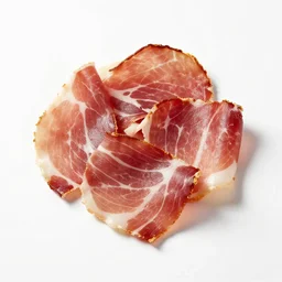 embroidered prosciutto, professional product shot, isolated on a pure white background, centered, entire object in frame, sharp focus, soft studio lighting