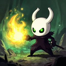 hollow knight attacking, fire eyes, green and some yellow colours, nice composition, good details, drawing