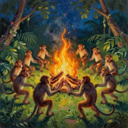 a vivid oil painting of 12 monkeys dancing in a circle around a fire in the jungle at night