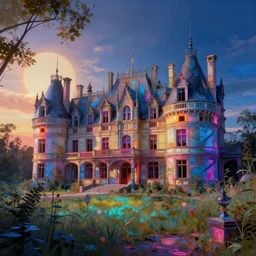 a beautiful detailed painting of nature abandoned chateau by louis sullivan, made of glass infrared retrowave neon signs dramatic lighting nightsky morning sun, archdaily, wallpaper, highly detailed, trending on artstation.