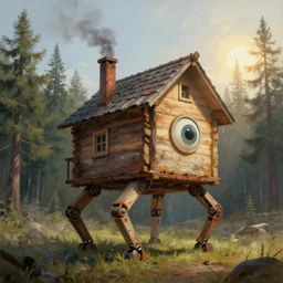 a mechanical wood house with mechanical legs, one big eye, smoky chimney, rust, hyperrealistic, highly detailed, cinematic, single ray of sun, morning, pareidolia, dynamic composition, gravity falls style, beautiful, pine trees in the background, cgssociety, artstation, 8 k, oil painting, by rhads