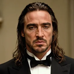 film still close up shot of roman reigns as vito corleone from the movie the godfather. photographic, photography