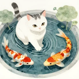 cat and koi pond, intricate watercolor illustration by john singer sargent