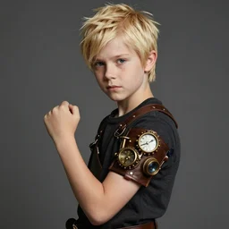 a blonde boy thief with a steampunk armband in the style of eve ventrue