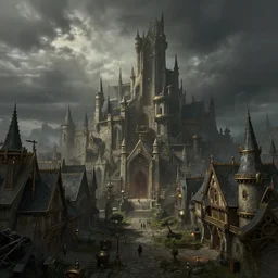 extreme long shot concept art depicted old english majestic town, dramatic mood, overcast mood, dark fantasy environment, dieselpunk, art from legends of runeterra, art from league of legends, art from arcane, trending on artstation, unreal engine, golden ratio, spectacular composition