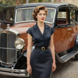 a painting of a woman posing in front of a 1920's limo by Louis Icart, highly detailed, masterpiece, trending on ArtStation, ultra realistic