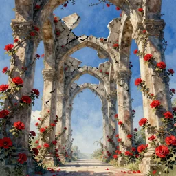 broken arches leading to the pillars of eternity draped with red flowers and vines, blue sky, lens flare, a sense of mystery, cinematic, ultra detailed, intricate, sharp focus, trending on artstation, watercolour illustration by Georgia O'Keeffe, 8K
