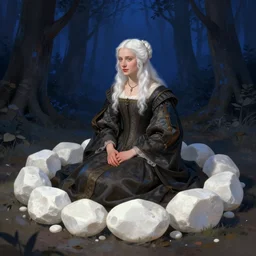 renaissance woman with white hair sitting inside of a ring of white stones, a dark blue forest in the background, trending on artstation, digital art ( by joseph meehan ) ( by victor adame ) ( by anna steinbauer )