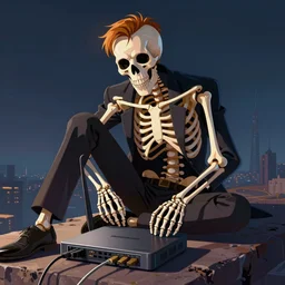 an skeleton businessman posing for the camera, angled shot fixing a modem, sharp lines, digital, artstation, colored in