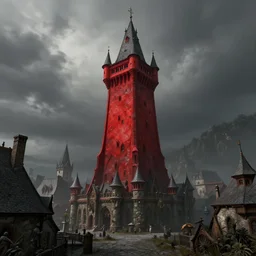 extreme long shot concept art depicted a big red tower in a grey old austrian enchanted town, dramatic mood, overcast mood, dark fantasy environment, arcane, trending on artstation, unreal engine, golden ratio, spectacular composition, realistic architecture