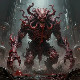 concept art by greg rutkowski, a huge, hideous monster in the shape of a gorgon made of twisted flesh and reddish ooze, claustrophobic and futuristic, brutalistic environment, scifi, detailed and intricate environment, high technology, highly detailed portrait, digital painting, artstation, concept art, smooth, sharp foccus ilustration, artstation hq.