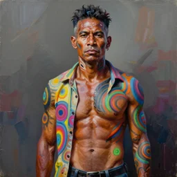 palette knife oil painting portrait of a middle aged, athletic, lean, aboriginal australian hipster, open shirt, body paint, psychedelic, artstation trending, artgerm, any racial background, deviant art, hipster, octane, substance, art history 8 k