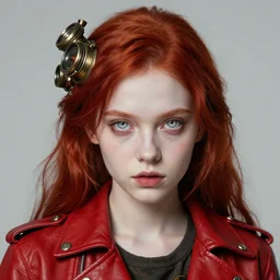 head and shoulders portrait of a young girl in a red leather jacket, pale skin, piercing pale eyes, red hair, steampunk, vibrant color, high detail, masterpiece by artgerm, craig mullins, ruan jia, peter mohrbacher