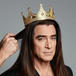 handsome man with shiny and silky long hair getting hair styled by danny devito wearing a golden crown studded with sparkling diamonds, mobius
