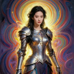 painted portrait, zhang ziyi as a paladin, d & d, gloomhaven, soft luminescent glow, art nouveau, beautifully backlit, ripples, swirly vibrant color lines, fantastically gaudy, aesthetic octane render, 8 k hd resolution, by picasso, ilya kuvshinov, cushart krentz, gilleard james