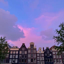 amsterdam with psychedelic clouds in the year 2 1 4 5. 4 k sunset blue pink purple