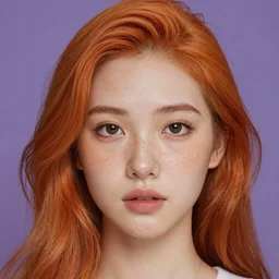 portrait Girl with orange hair and freckles, purple background, cute-fine-face, pretty face, realistic shaded Perfect face, fine details. realistic shaded lighting by Anna Dittmann,