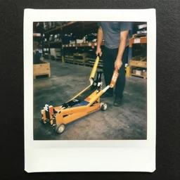 a close up man using vallet jack in warehouse, polaroid photo