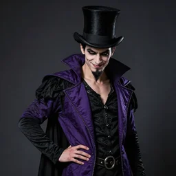 a portrait of mena massoud wearing purple and black ringmaster attire, nefarious smirk, slender body type, young adult in his early 3 0 s, black hair, medieval, black top hat, pencilthin goatee, villain pose, style by donato giancola, wayne reynolds, jeff easley dramatic light, high detail, cinematic lighting, artstation, dungeons and dragons