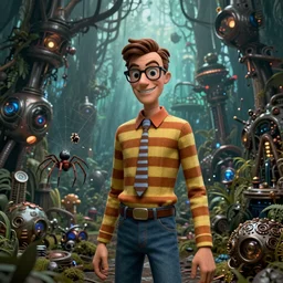 intricate Waldo from Where's Waldo, being eaten by a spider, on the background of a weird magical mechanical forest. Very detailed 8k. Fantasy cyberpunk horror. Sharp. Cinematic post-processing