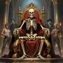 skeleton king sitting on a throne in a palace by Stanley Artgerm Lau, frank frazetta, Rossdraws, James Jean, gerald brom, Andrei Riabovitchev, Marc Simonetti, and Sakimichan, trending on artstation, SFW version