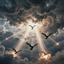 thousands of rebel angels falling from heaven as meterorites, epic lighting, disaster clouds, michael bay style