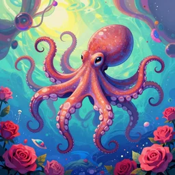a digital painting of an octopus!!!!!! floating in a bright colorful space ocean surrounded by roses!!!!!!, cel shaded illustration, visual novel, sharp focus, retro futuristic, 8 k, highly detailed, lovecraftian by skottie young
