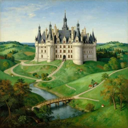 a beautiful surrealistic painting by bosch. the painting shows a chateau in a green valley. the valley has a river which has a wooden bridge. trending on artstation.