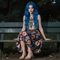 dslr photo of a pretty young woman, full bodied portrait with blue hair, sitting on a bench wearing a flower skirt, and body and wearing hemp sandals and a very detailed faerie necklace around neck, artgerm, artstation, very high quality face, intricate details, extremely high quality, moody lighting, real camera, real photo, photography by deviantart, 8 k, full subject in shot
