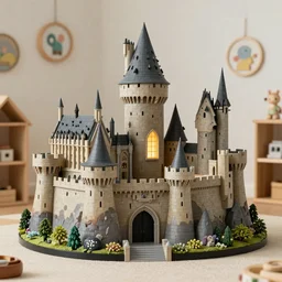 a commercial photography product shot of a castle in the style of minas tirith and hogwarts, beautiful lighting, studio shoot, playroom setting, by takahashi murakami