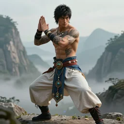 full figure, beautiful fantasy character portrait, male martial artist, young man, fit, tatooed, dressed in fluent oriental pants, jeweled, mountain background, hyper realistic, highly detailed by peter mohrbacher, wayne barlowe, boris vallejo, paolo eleuteri serpieri