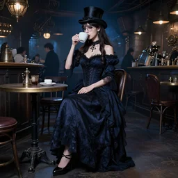 full body photo of reol wearing a elegant gothic dress, open top, wearing a tophat, and glasses. drinking coffee in a busy steampunk cafe interior, dim studio lighting, natural skintone, ( ( photograph ) ), moody, realistic, detailed, dark blue tint, shadows