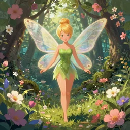 aubrey plaza as a fairy with wings, digital art, inspired by artgerm and tinkerbell, border of flowers, flowers in hair, angelic, standing in the forest