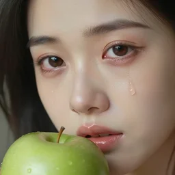 human face on green apple, crying, tears in eyes