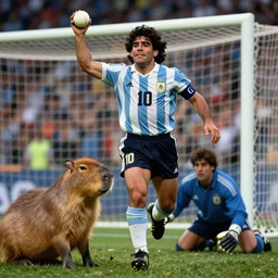 diego maradona scoring a hand of god goal against a capybara goal keeper