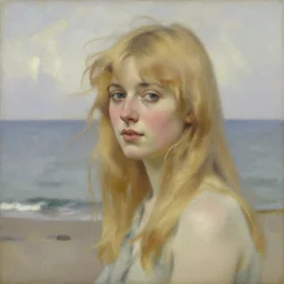 a blonde woman by the shore, beautiful hair, oil painting, albert edelfelt, award winning painting, diffuse outline