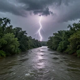 a hyper realistic image of a river going between the trees and it is raining heavily and in the cloud you can see lightning