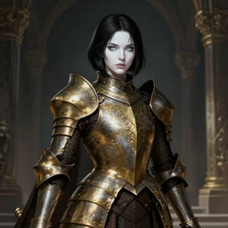 full body portrait of beautiful knight lady in the temple, face details, ornamental brass armor, black bob haircut, white skin, icy eyes, dark fantasy, dnd, extremely detailed, smooth, sharp focus, digital illustration, by ironstylus, rossdraws, artgerm