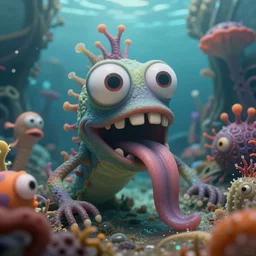 of an intricate mariana trench with strange colorful funny marine creatures with huge eyes, long tongue, square teeth and funny face appearing from murky waters, in the style of charles vess, macro lens, shallow depth of field, highly detailed, digital painting, trending artstation, concept art, illustration, cinematic lighting, vibrant colors, photorealism, epic, octane render