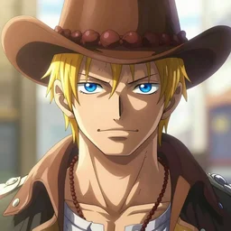 highly detailed vfx portrait of a blond centre parting pretty boy with blue eyes and cowboy hat by eiichiro oda, makoto shinkai, alphonse mucha, sharp focus, art by artgerm and greg rutkowski!, backlit, harsh overhead sunlight, detailed,