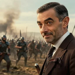 close up cinematic artwork of Mr Bean staring down the enemy on the battlefield by Greg Rutkowski, 4k, masterpiece
