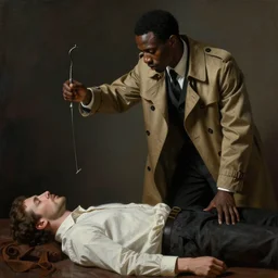 black man in a trench coat with a long hook for a hand hovering over a corpse by mucha and rutkowski