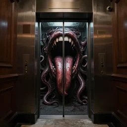 horrifying full color photorealistic image an old hotel elevator lobby, elevator doors look like a mouth, with a tentacle - shaped tongue, licking out, dark, atmospheric, brooding, smooth, finely detailed, cinematic, epic, in the style of lee gibbons