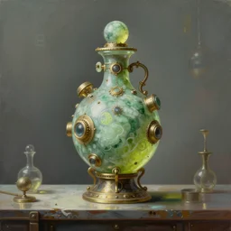 a painting of a complex detailed steampunk mechanical jade and lime colored potion bottle centred on a counter, by h. r. giger, hyperrealistic fantasy art, concept matte, ethereal, dreamy, digital art, trending on artstation, volumetric cinematic lighting