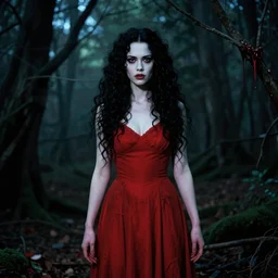 thomas cole, full body, pretty alyson hannigan, evil dead demon, evil dead movie, red dress, symmetrical eyes, symmetrical face, long curly black hair, trees, forest, branches, cinematic lighting, evil dead creature, scary, blood