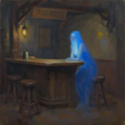 blue wisp in an empty d & d tavern at night, oil painting