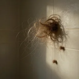 mess of hair hairball on shower wall. tangled strands of hair. hair fell off a human and she stuck it to the wall.