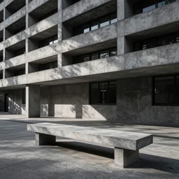 a concrete bench sitting in front of a building, a raytraced image by David Chipperfield, unsplash, brutalism, constructivism, dynamic composition, high dynamic range