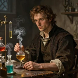 a super detailed close - up portrait of a male alchemist sitting at the table in dimly lit medieval lab, medieval lab equipment, vibrant vials, vials with smoke coming out, art by artgerm, john singer sargent, deviantart, daz